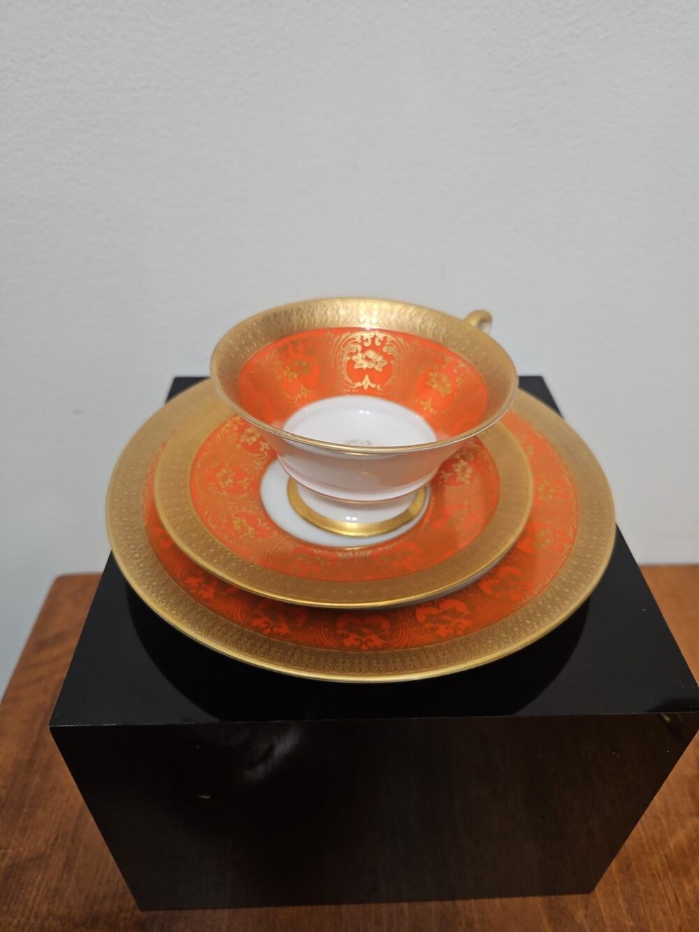 Vintage Tirschenreuth Bavaria Germany Tea Cup Saucer Plate Trio Coral Orange...